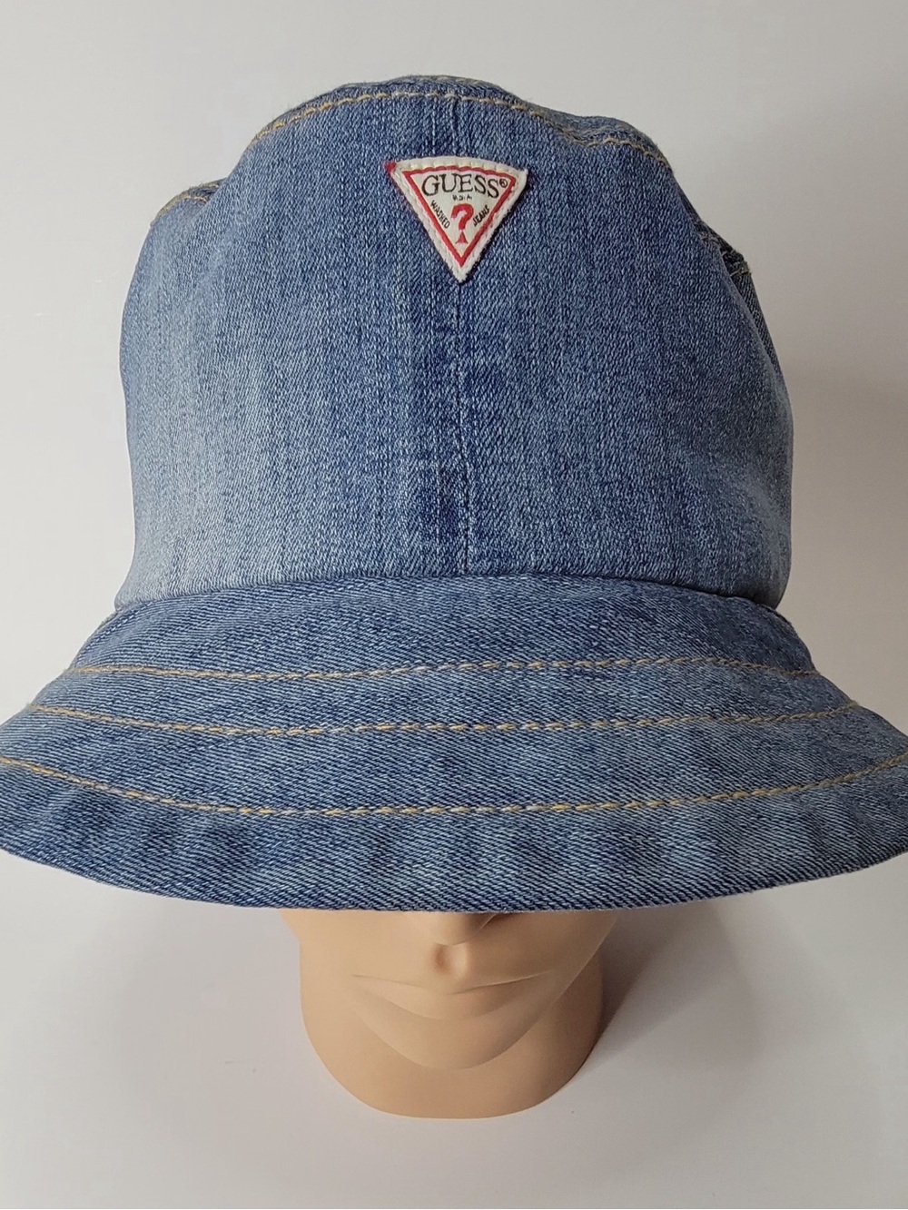Guess Blue Denim Bucket Hat with Red Triangle Logo